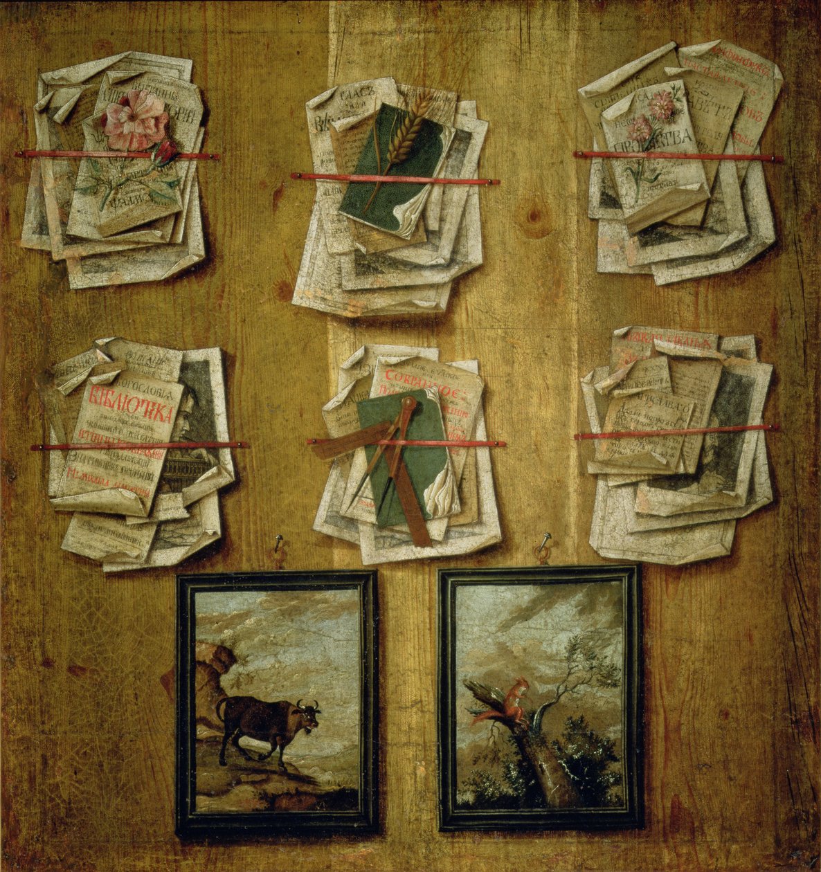 Stillleben mit Buchseiten und Bildern, 1783 von Russian School
