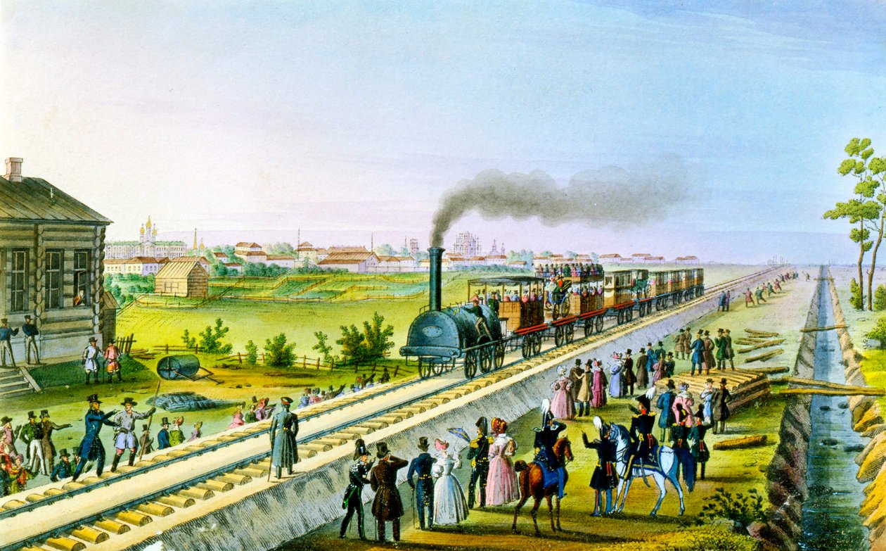 Eröffnung der ersten Eisenbahnlinie von St. Petersburg nach Pawlowsk, Russland, 1830er von Russian Master