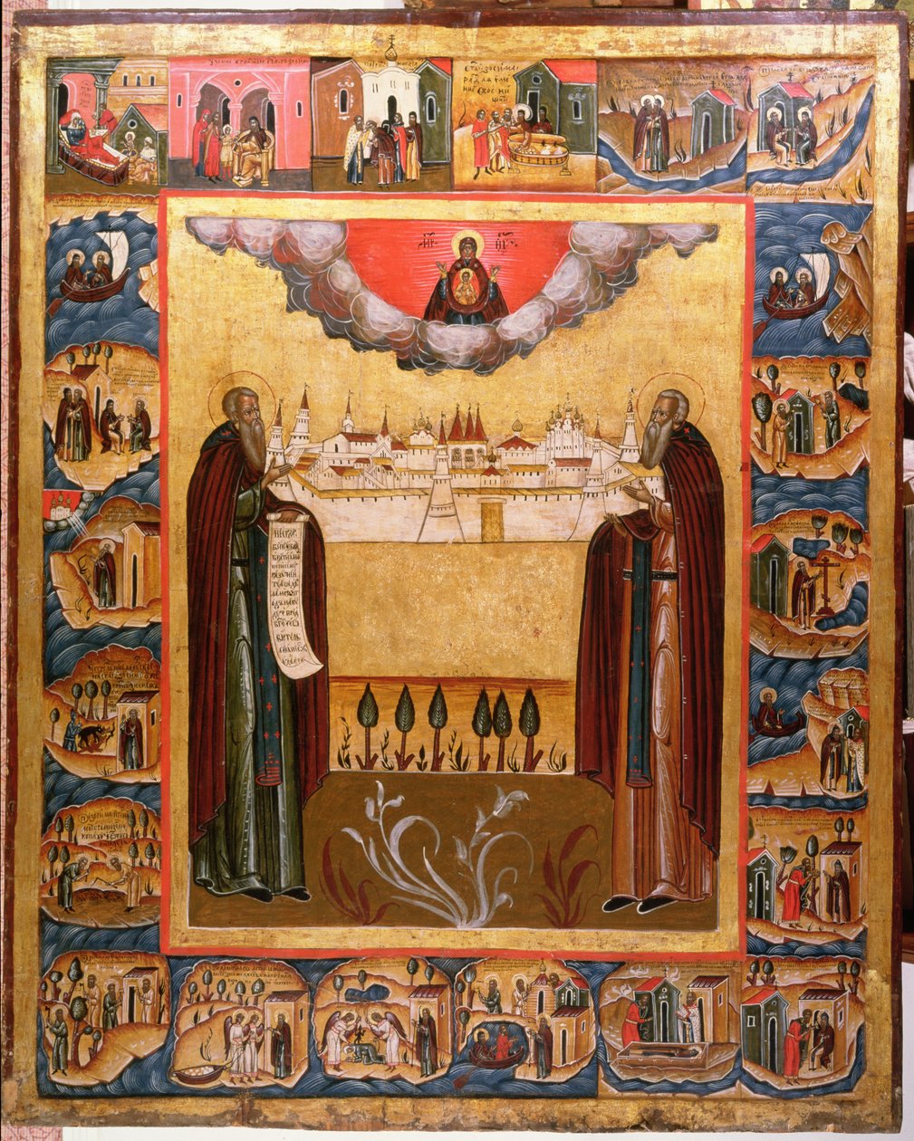 Heilige Zosimus und Sabbatheus von Solovetsk mit Szenen aus ihrem Leben von Russian School
