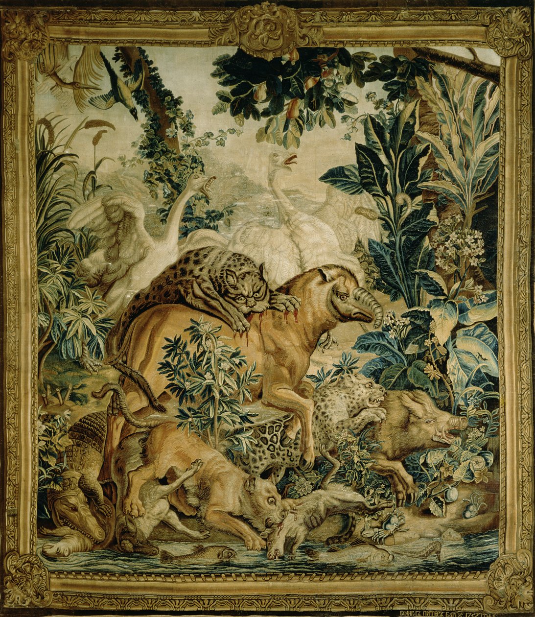 Wandteppich, der wilde Tiere zeigt, die an einem Wasserloch kämpfen, Kopie aus der indischen Teppichserie, entworfen von D. Deport, 1757 und hergestellt von der St. Petersburger Teppichfabrik von Russian School