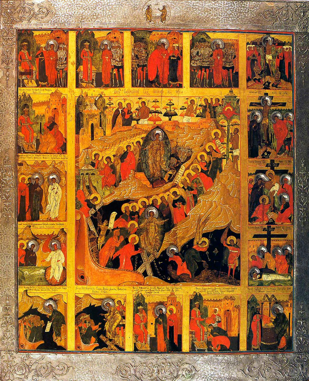 Der Abstieg in die Hölle mit den Szenen der Passion Christi, 16. Jahrhundert von Russian icon.