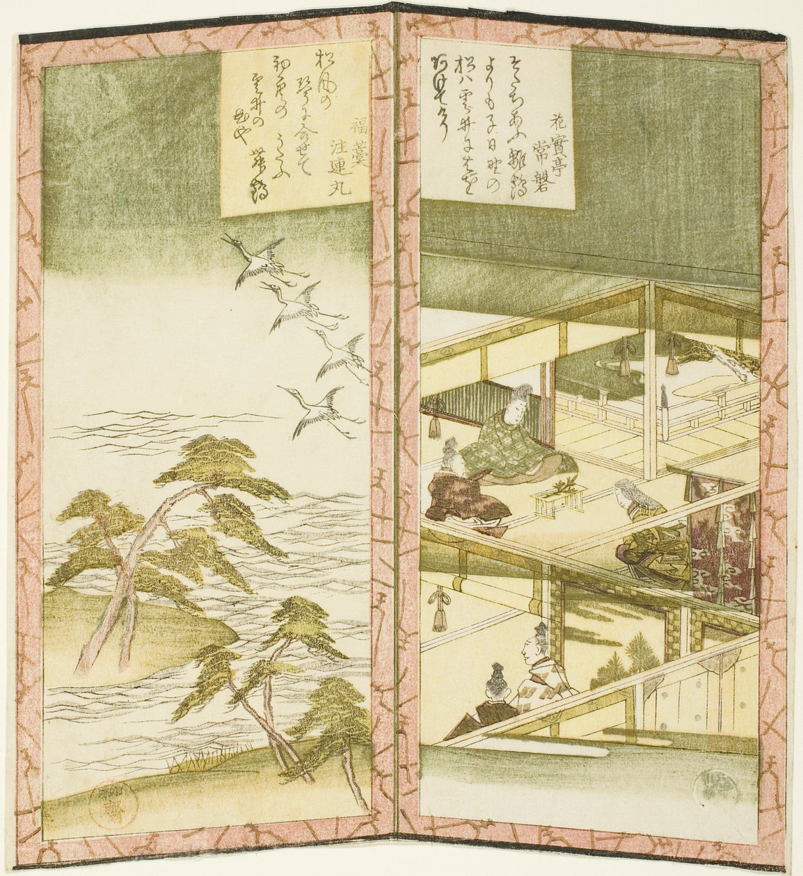 Palastinterieur und Strand, aus einem unbetitelten Hexaptychon, das ein Paar Faltschirme darstellt von Ryuryukyo Shinsai