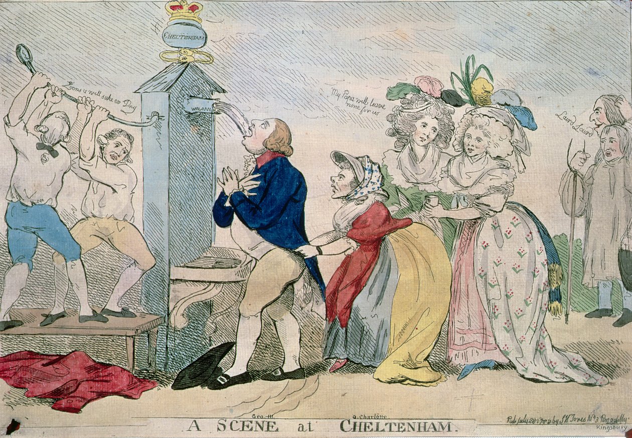 Eine Szene in Cheltenham. Satirischer Cartoon, veröffentlicht 1788 von S.W. Fores