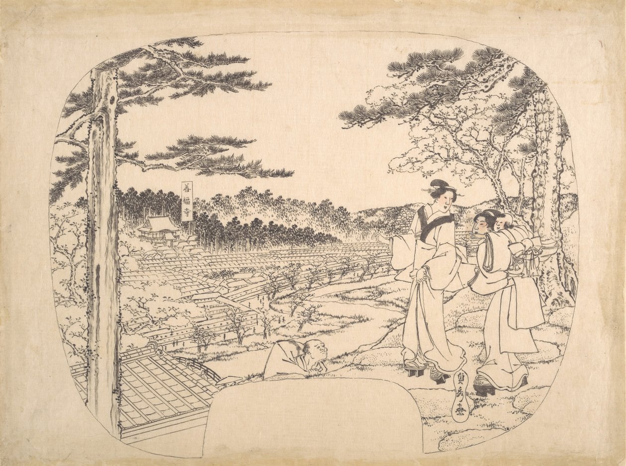 Zwei Frauen bewundern die Aussicht von einem Aussichtspunkt...der Zenpukuji-Tempel von Sadahide Utagawa