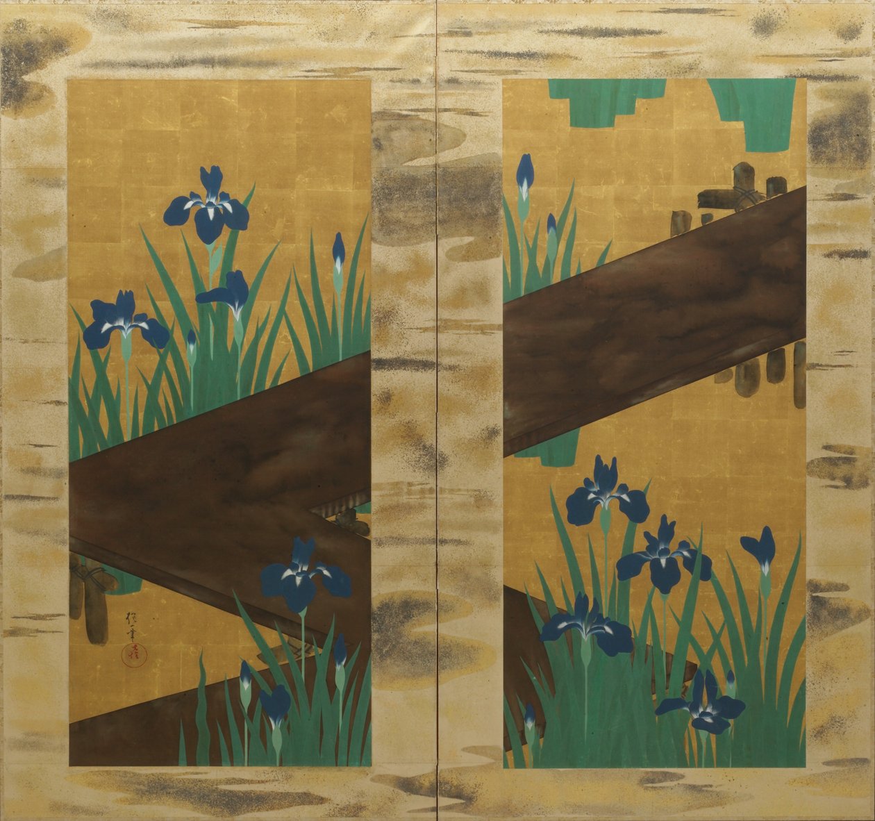 Iris und Achtfachbrücke, zweiteilige Faltwand, ca. 1820 von Sakai Hoitsu