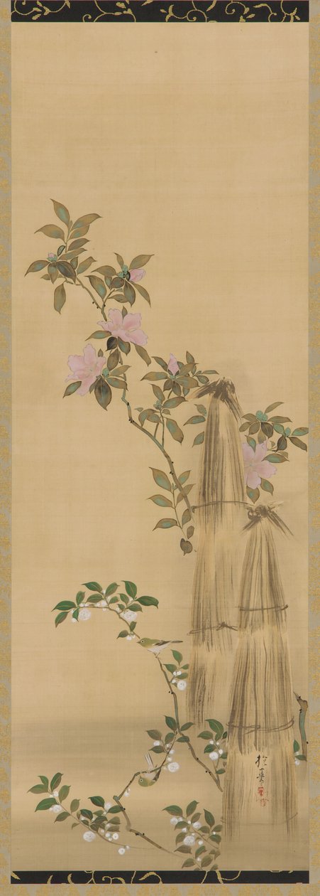 Rosa und weiße Blumen und Strohabdeckungen, Edo-Zeit, 1761-1828 von Sakai Hoitsu