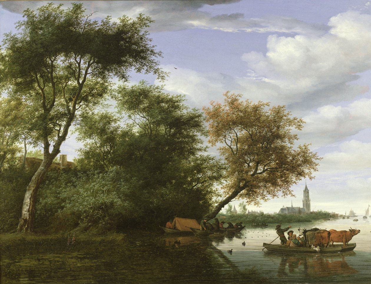 Bewaldete Flusslandschaft mit Figuren und Vieh auf einer Fähre von Salomon van Ruisdael or Ruysdael