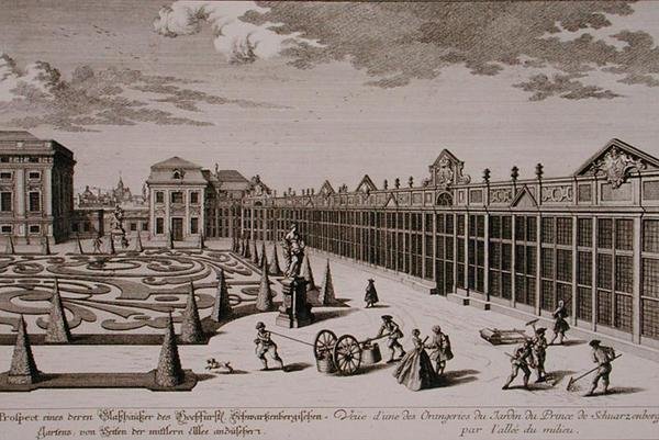 Ansicht einer der Orangerien im Garten des Prinzen von Schwarzenberg, Wien, graviert von Georg-Daniel Heumann, veröffentlicht um 1724-37 von Salomon (after) Kleiner