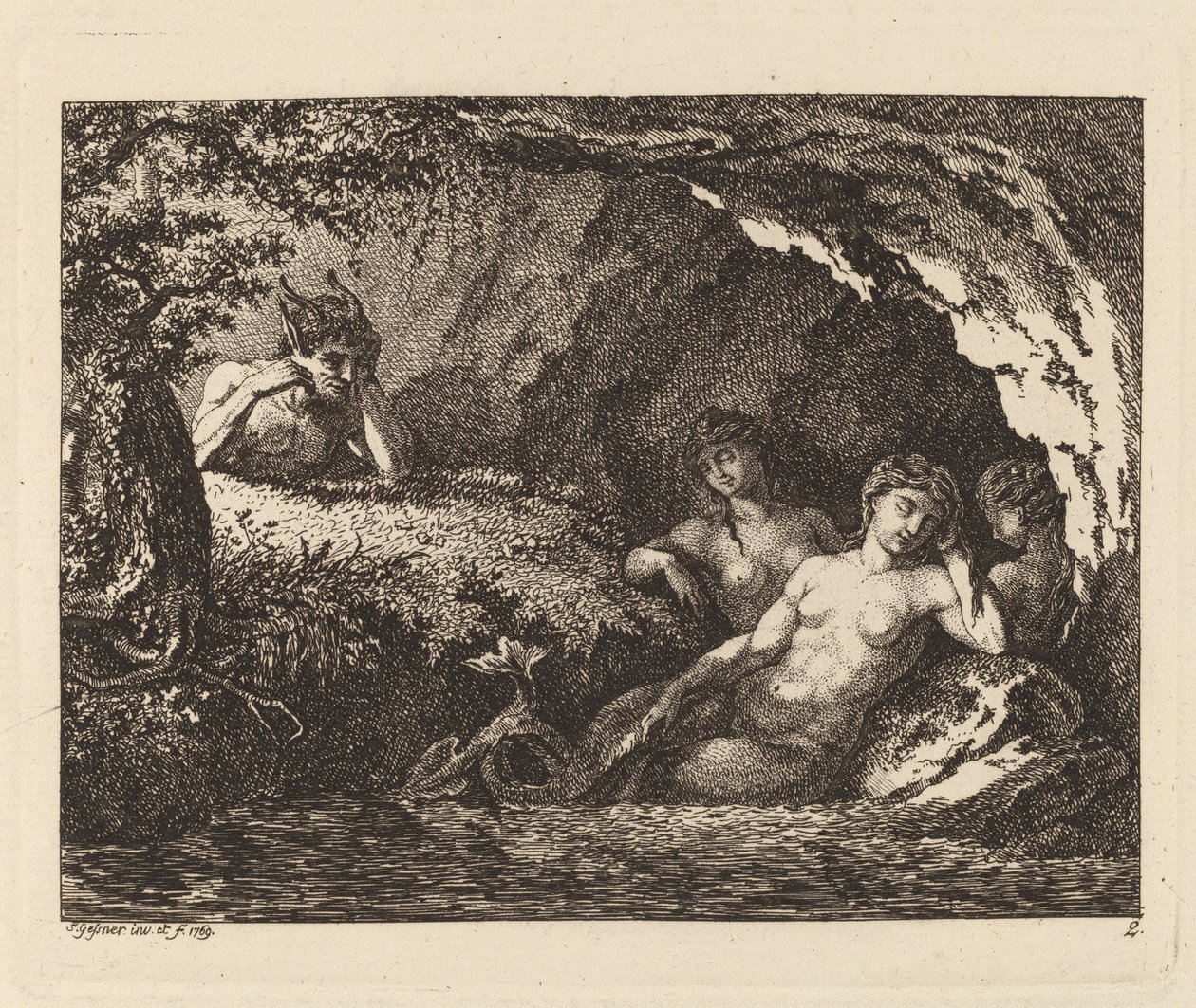 Drei schlafende Elfen mit einem Satyr von Salomon Gessner