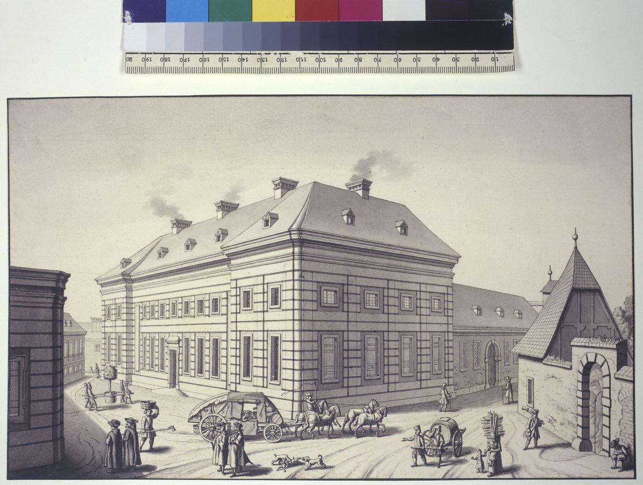 Vollseite: Schrägblick auf die Orangerie, ehemals gegenüber dem Liechtenstein-Gartenpalast in Rossau von Salomon Kleiner