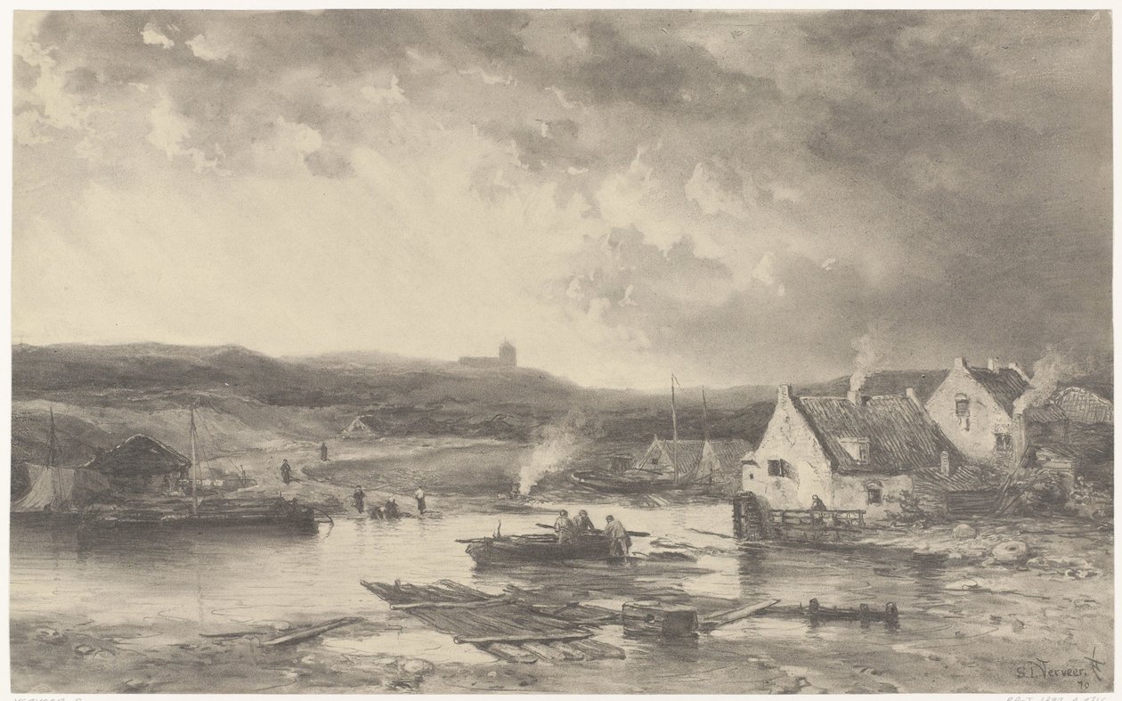 Flusslandschaft mit einigen Häusern und einer Wassermühle von Salomon Leonardus Verveer