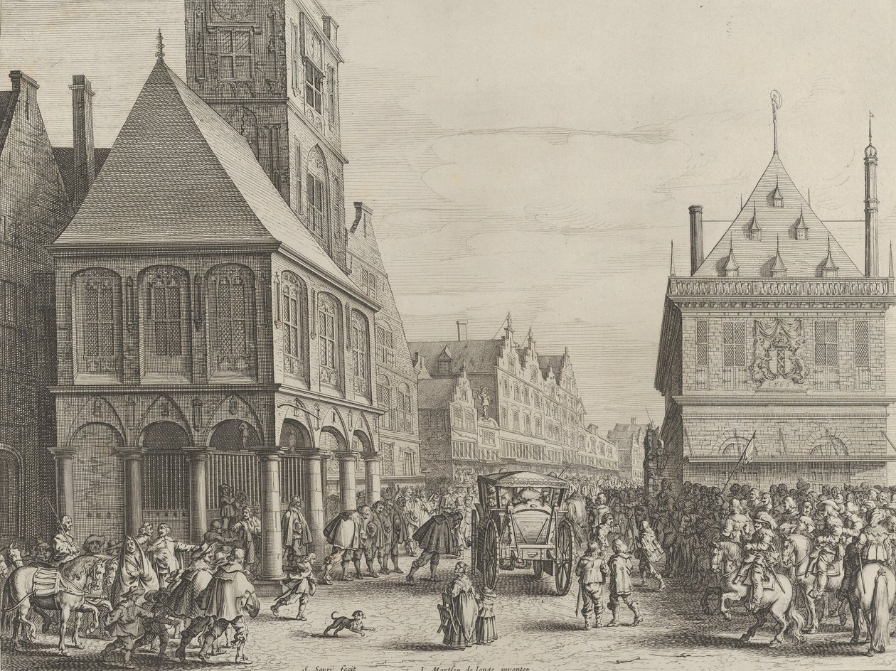 Stadtmagistrate verabschieden sich von Marie de Medici vor dem Rathaus, aus Caspar Barlaeu von Salomon Savery