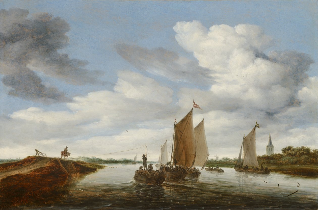 Flusslandschaft mit Segelbooten und einem Pferdewagen von Salomon van Ruysdael