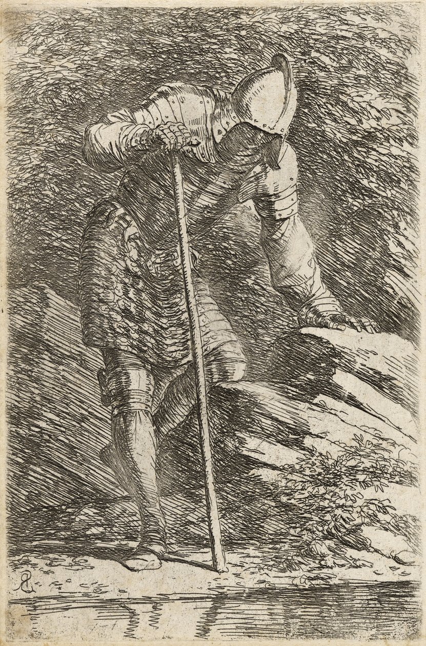 Soldat mit Helm und Rüstung betrachtet einen Bach, ca. 1656-57 von Salvator Rosa