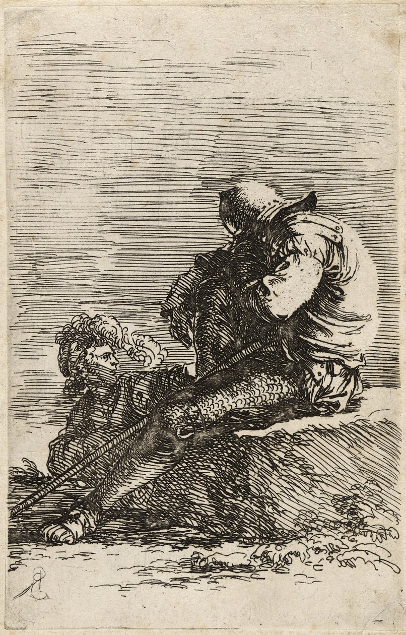 Zwei Soldaten, einer sitzt auf einem Vorsprung und hält einen Stock, ca. 1656-57 von Salvator Rosa