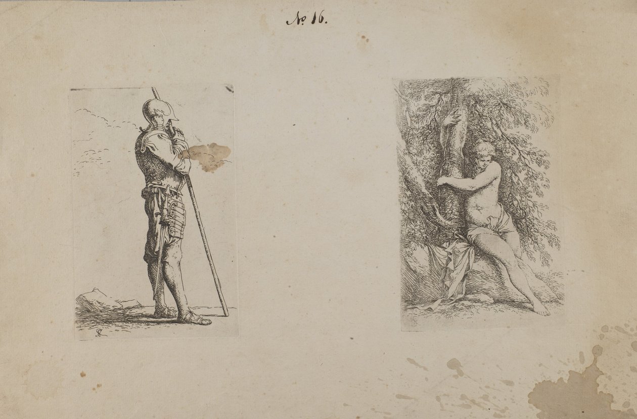 (Figurinenserie) Gepanzerter Mann, Speer haltend von Salvator Rosa