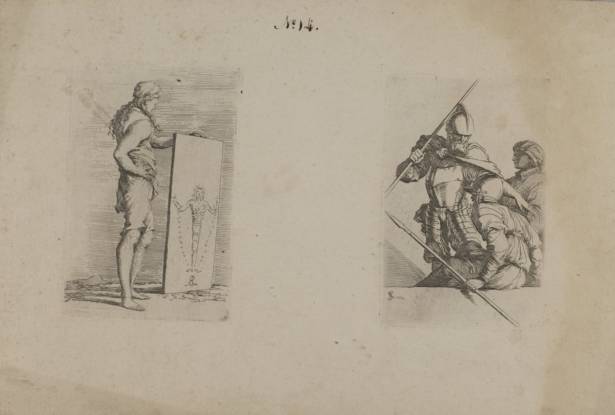 (Figurenserie) Langhaariger Mann mit Schild von Salvator Rosa