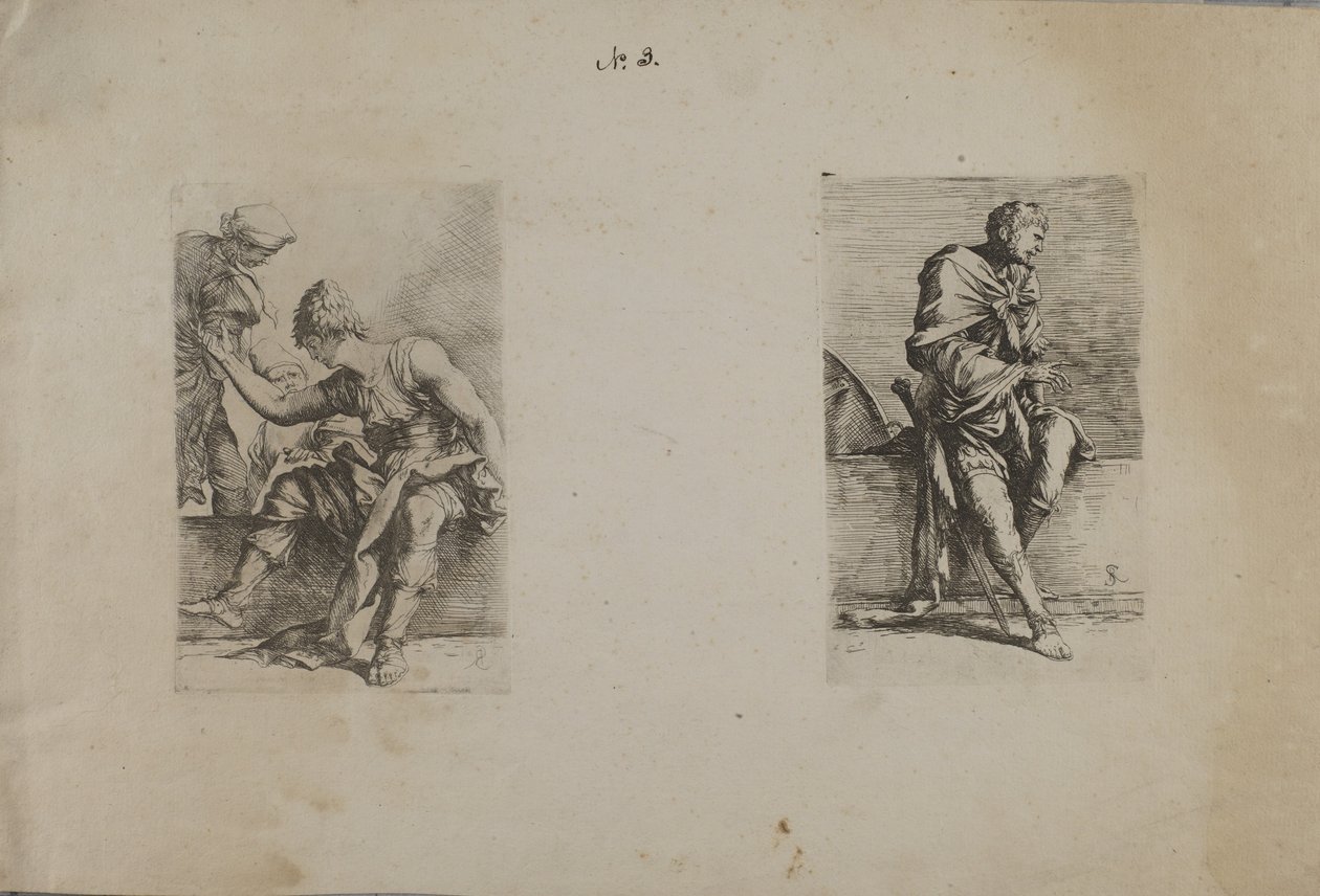 (Figurinenserie) Sitzende Figur mit spitzem Kopf von Salvator Rosa