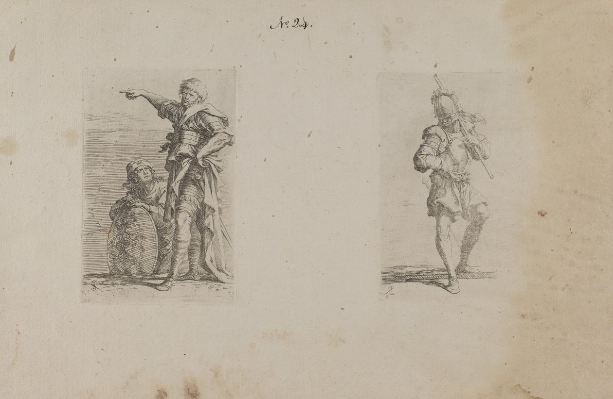 (Figurinenserie) Zwei Männer, einer zeigt nach links, der andere kniet von Salvator Rosa