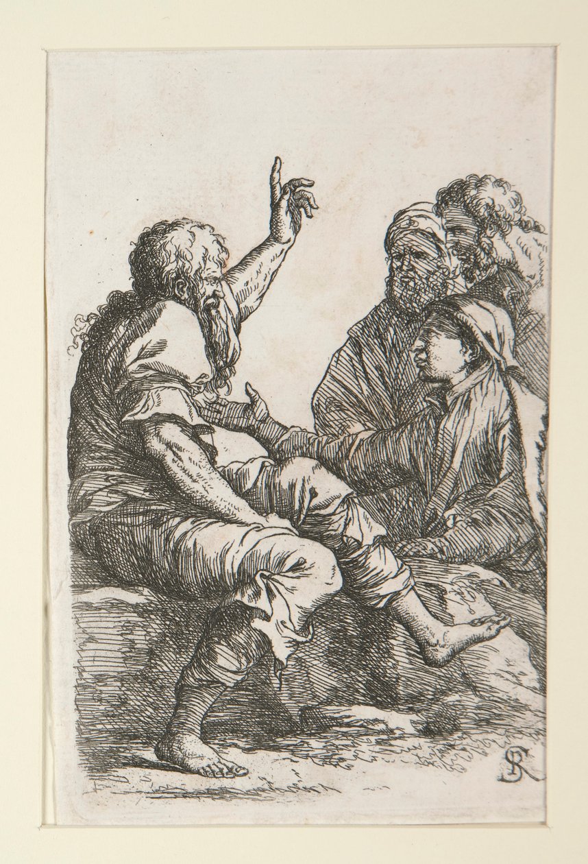 Ein alter Mann spricht mit drei Männern von Salvator Rosa