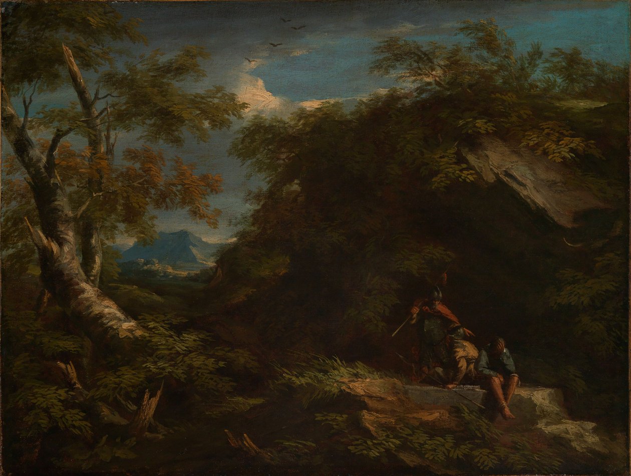 Bergige Waldlandschaft mit rastenden Kriegern von Salvator Rosa