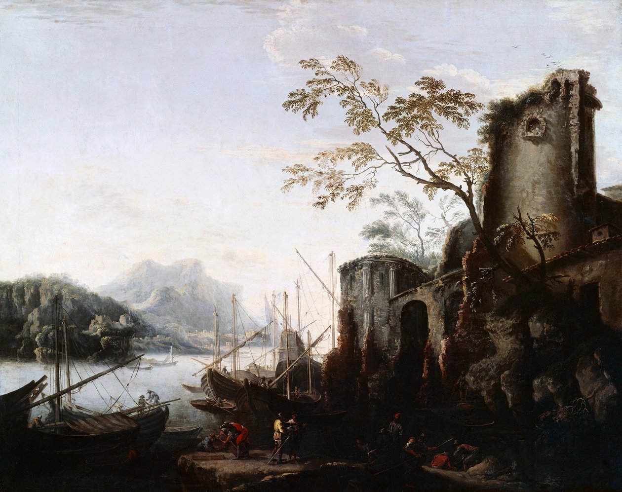 Meereslandschaft mit Türmen und Schiffen und Ruinen, ca. 1645 von Salvator Rosa