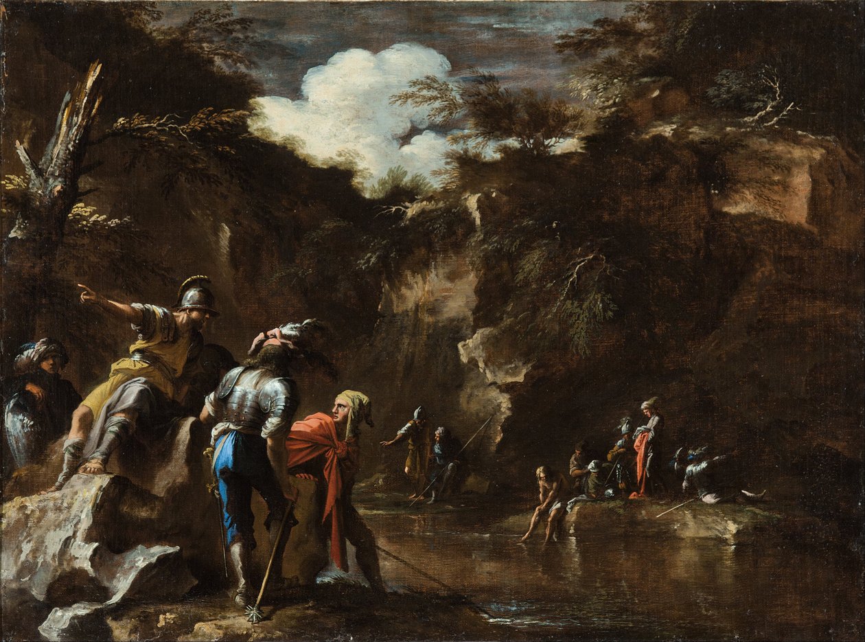 Szene aus der griechischen Geschichte: Thales lässt den Fluss auf beiden Seiten des lydischen Heeres fließen von Salvator Rosa