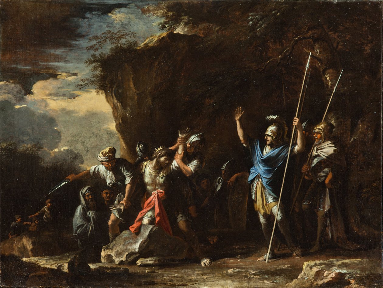 Szene aus der griechischen Geschichte: Der taubstumme Sohn von König Krösus verhindert, dass die Perser seinen Vater töten von Salvator Rosa