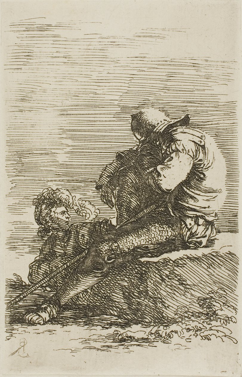 Zwei Krieger, einer sitzt schlafend auf einem Felsen im Vordergrund, aus der Figurinenserie von Salvator Rosa