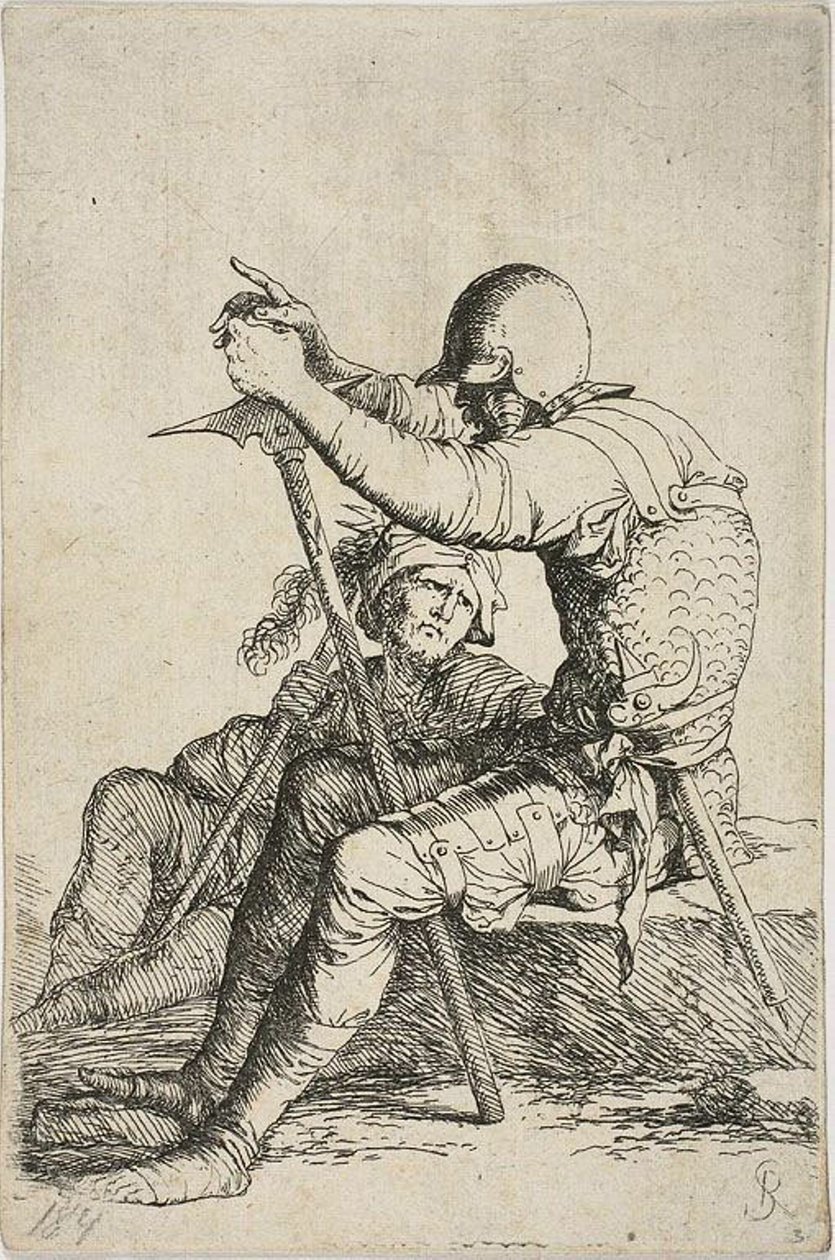Zwei Krieger, einer sitzt auf einem niedrigen Felsen im Vordergrund und hält einen Kriegshammer; die andere Figur sitzt auf dem Boden hinter ihm, hält eine Keule über die rechte Schulter und schaut zur Figur im Vordergrund, aus der Figurinen-Serie von Salvator Rosa
