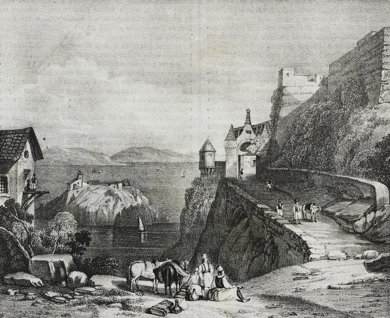 Schloss von Parga, Albanien, Lithographie von Salvatore Puglia aus Poliorama Pittoresco, Nr. 9, 9. Oktober von Salvatore Puglia