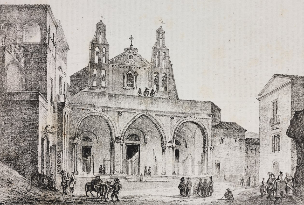 Fassade der Kathedrale von Sessa Aurunca, Kampanien, Italien, Lithographie von Salvatore Puglia nach einer Zeichnung von Pasquale Mattei aus Poliorama Pittoresco, Nr. 42, 24. Mai von Salvatore Puglia