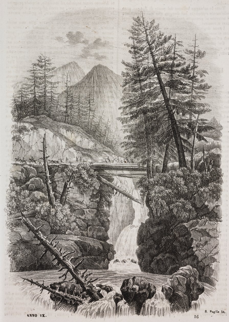Hängebrücke über die Pyrenäen, Spanien, Lithographie von Salvatore Puglia aus Poliorama Pittoresco, Nr. 16, 23. November von Salvatore Puglia