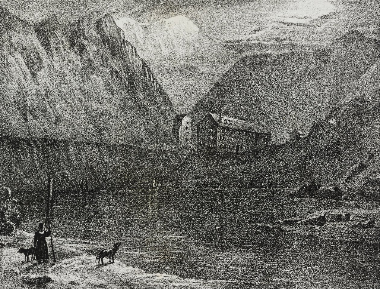 Ansicht des Großen Sankt Bernhard Hospizes vom See, Italien-Schweiz Grenze, Lithographie von Salvatore Puglia von Salvatore Puglia