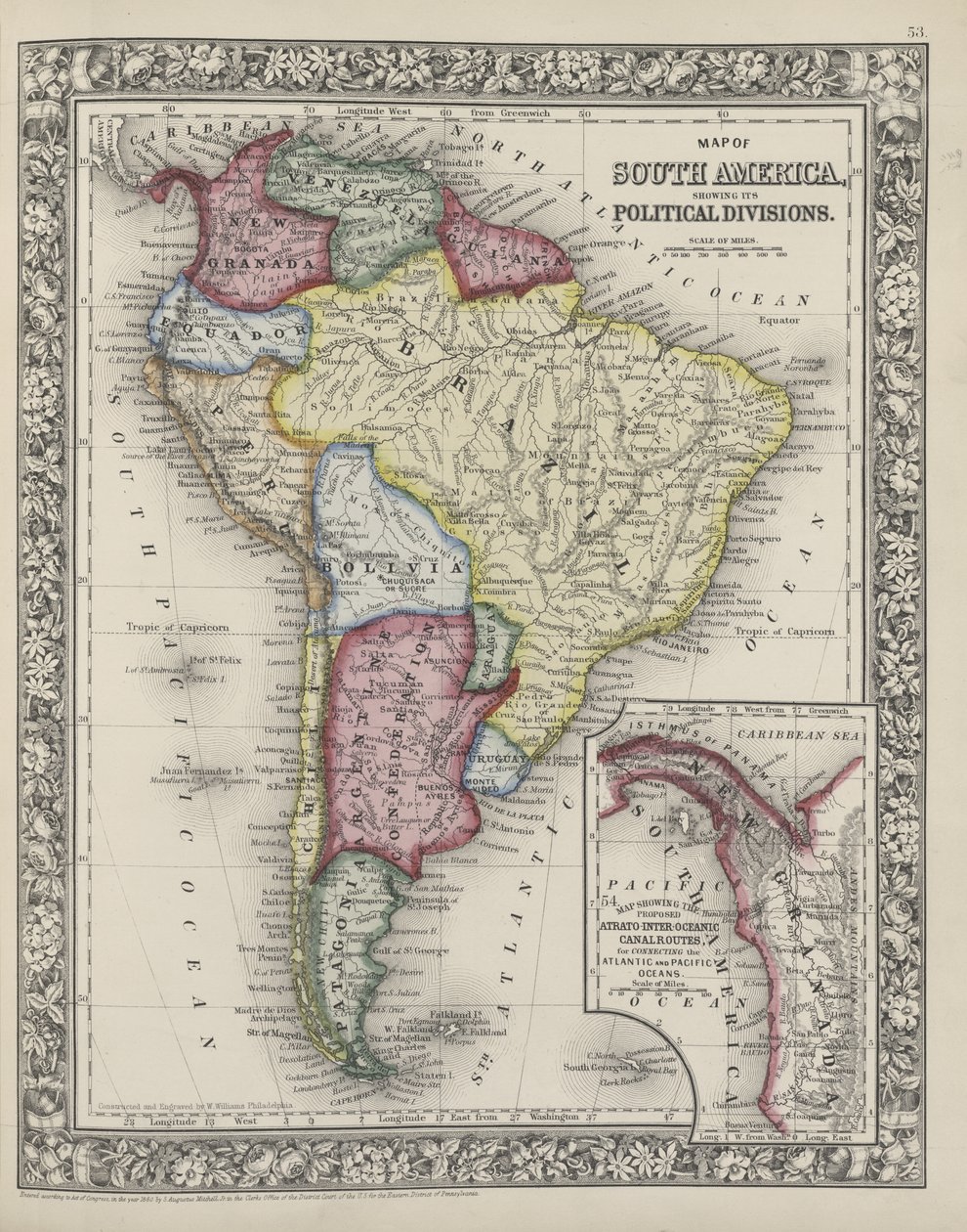 Karte von Südamerika mit seinen politischen Unterteilungen aus Mitchells neuem allgemeinen Atlas, 1863 von Samuel Augustus Mitchell