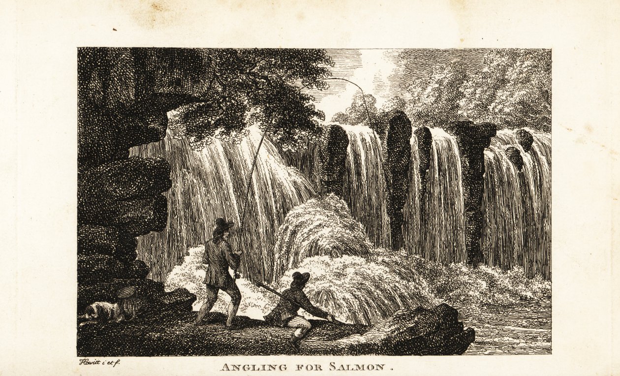 Fischer angelt nach Lachs am Ufer eines Flusses nahe einem Wasserfall von Samuel (after) Howitt