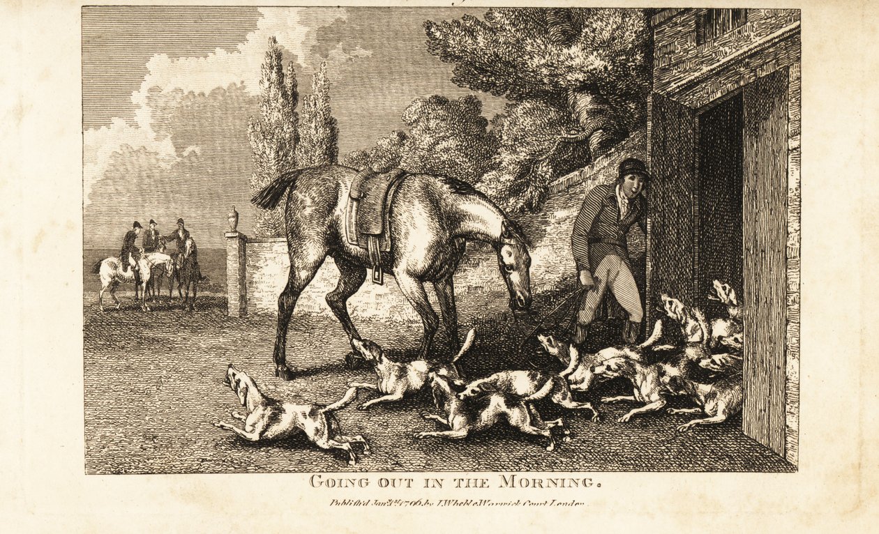 Jäger öffnet die Zwingertür, um die Hunde vor der Hasenjagd herauszulassen von Samuel (after) Howitt