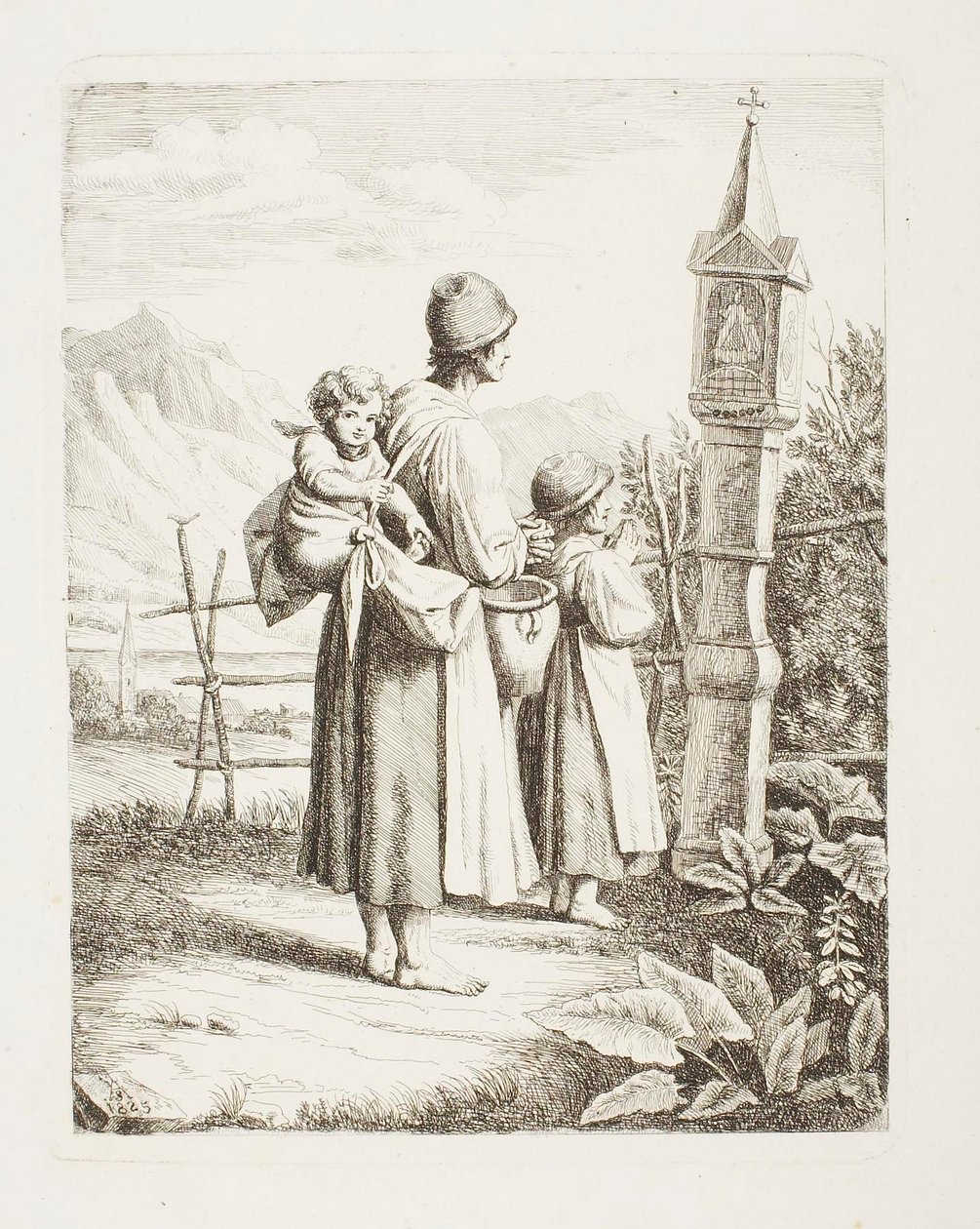 Bettlerin mit zwei Kindern vor einem Madonnenbild auf dem Weg nach Tirol von Samuel Amsler
