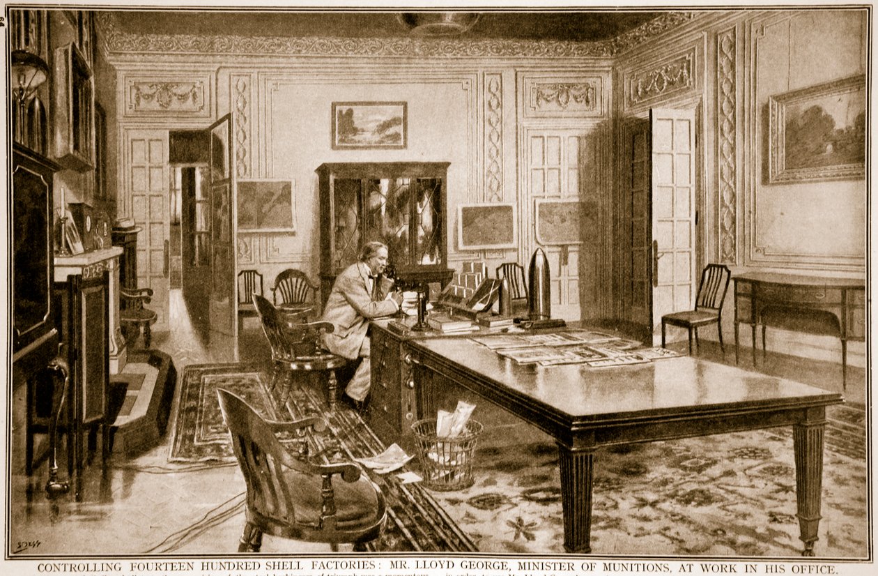 Kontrolle von vierzehnhundert Munitionsfabriken: Mr. Lloyd George, Munitionsminister, bei der Arbeit, 1914-19 von Samuel Begg