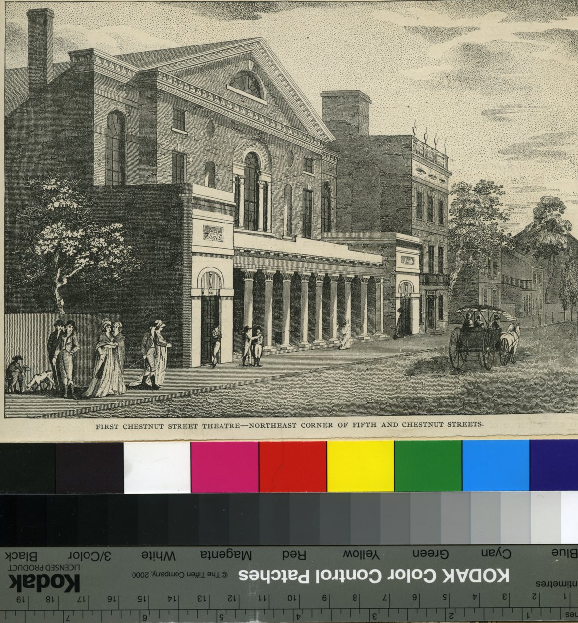 Erstes Chestnut Street Theatre, Nordostecke der Fifth und Chestnut Streets, ca. 1820 von Samuel Castner