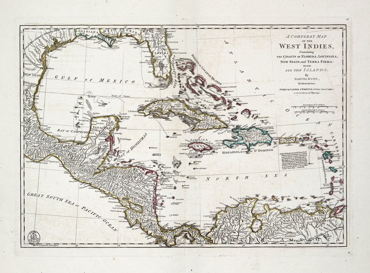 Eine vollständige Karte der Westindischen Inseln mit den Küsten von Florida, Louisiana, Neuspanien und Terra Firma mit allen Inseln von Samuel Dunn