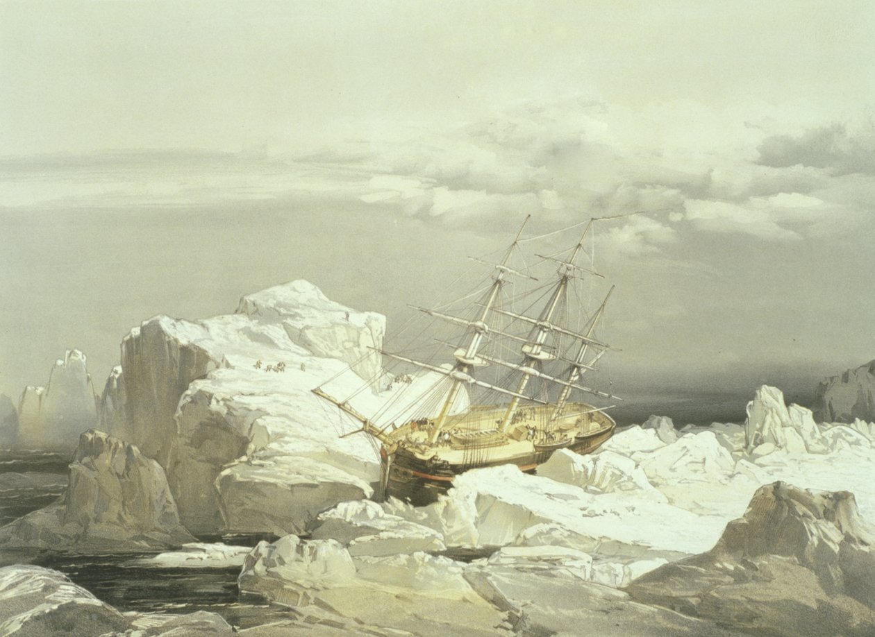Kritische Position der H.M.S. Investigator an der Nordküste von Baring Island, 20. August 1851, graviert von William Simpson, veröffentlicht von Ackermann und Co., 1854 von Samuel Gurney Cresswell