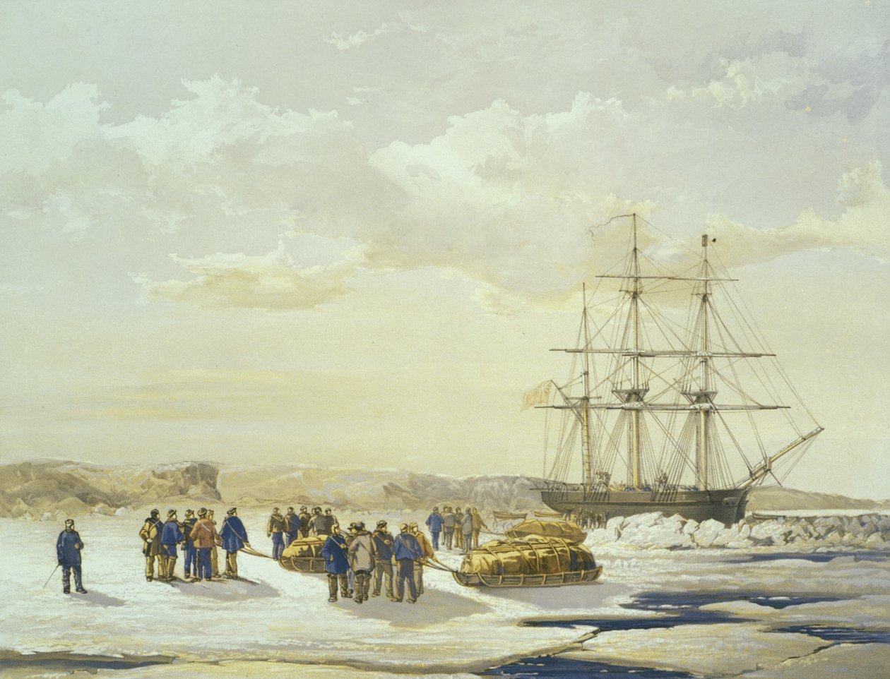 Schlittenparty verlässt H.M.S. Investigator in Mercy Bay, 15. April 1853, graviert von E. Walker, veröffentlicht von Ackermann und Co., 1854 von Samuel Gurney Cresswell