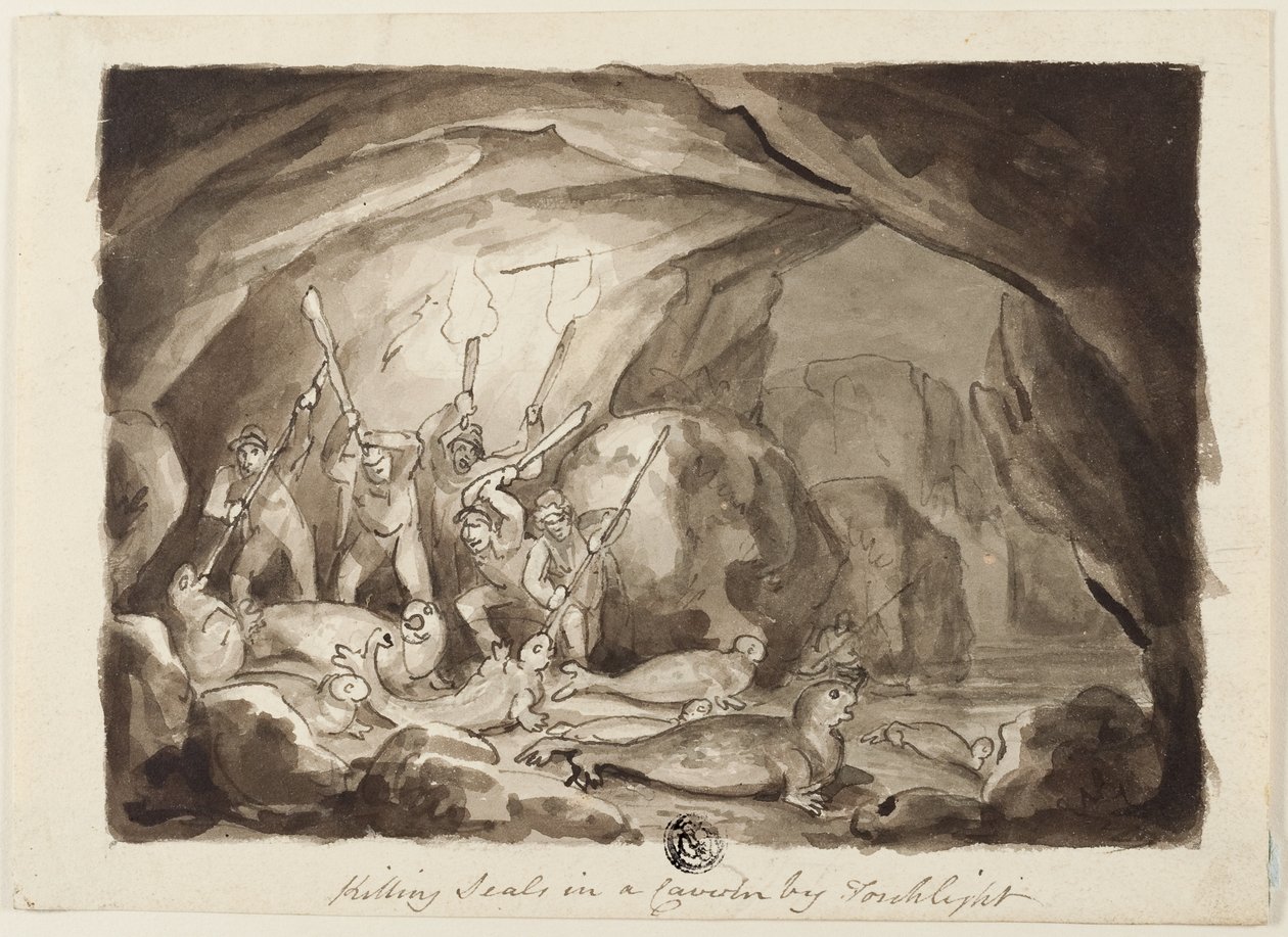 Tötung von Robben in einer Höhle bei Fackellicht von Samuel Howett