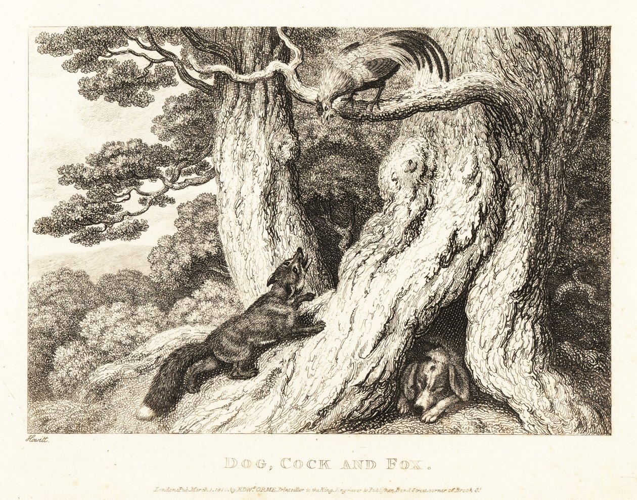Ein Hahn auf einem Baum überlistet einen Fuchs, während ein Hund schläft. 1811 (Radierung) von Samuel Howitt