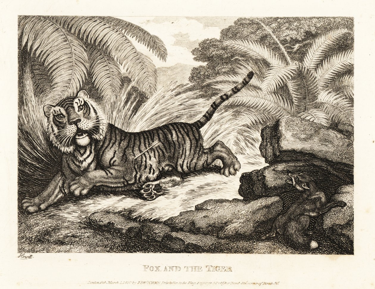 Ein Fuchs beobachtet einen verwundeten Tiger. 1811 (Radierung) von Samuel Howitt