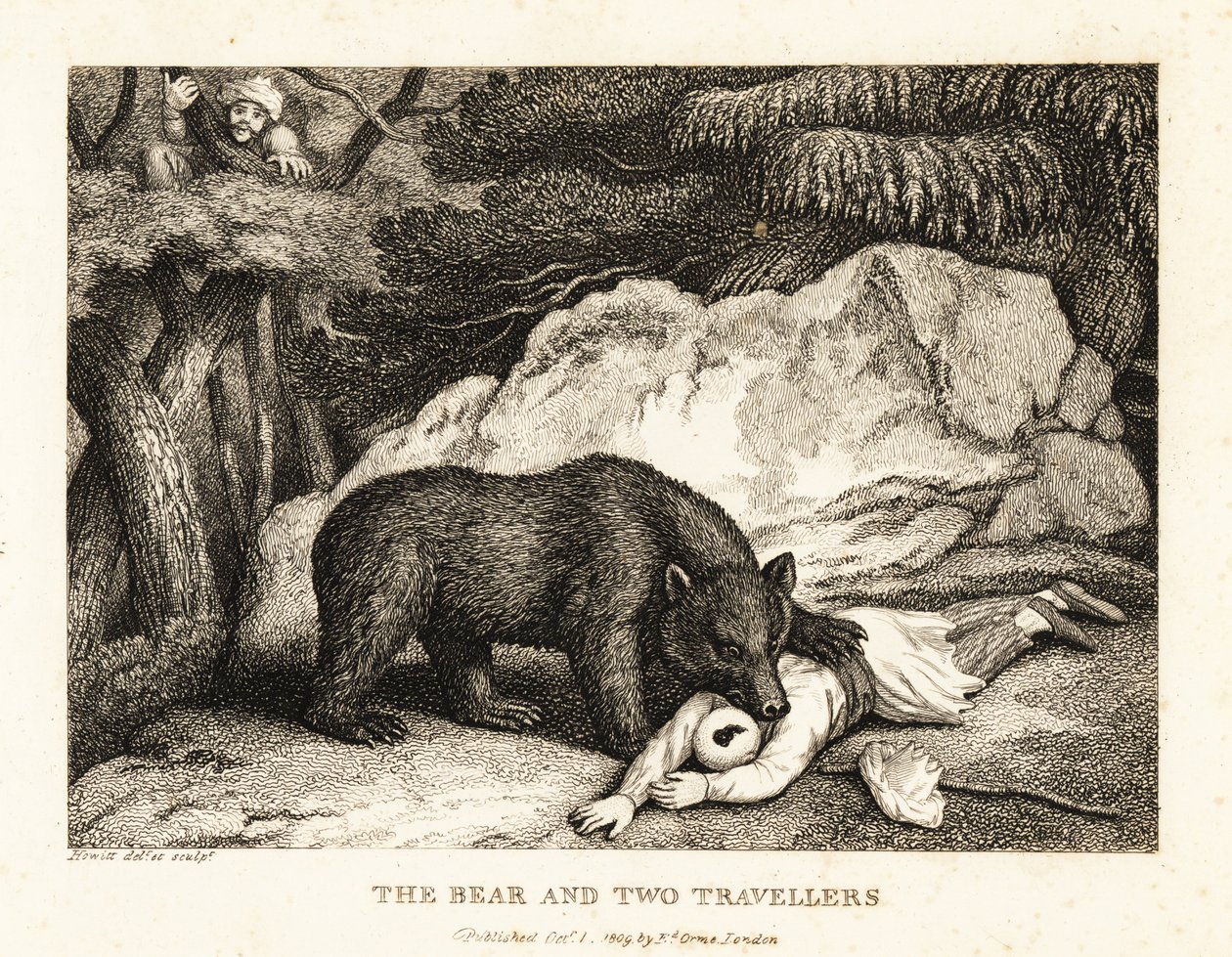 Ein Reisender im Turban stellt sich tot, während er von einem Bären angegriffen wird. 1811 (Radierung) von Samuel Howitt