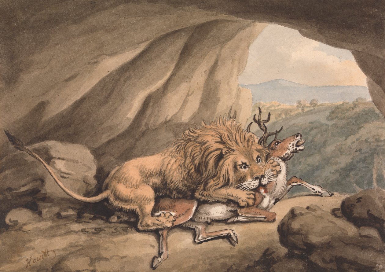Löwe greift einen Hirsch an von Samuel Howitt