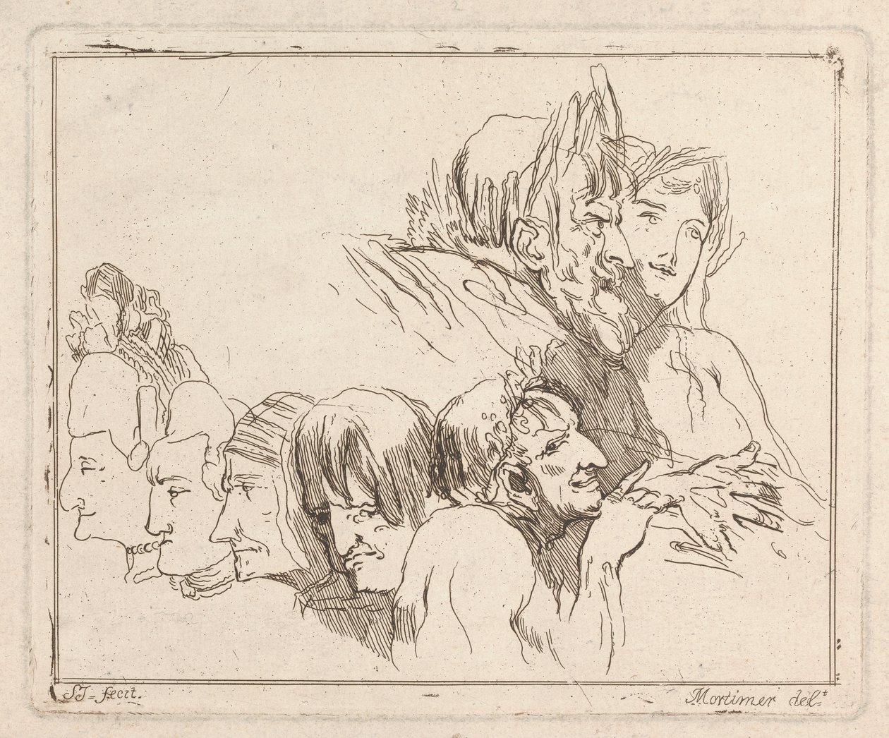 Drei Radierungen auf einem Blatt: Studien von Köpfen von Samuel Ireland