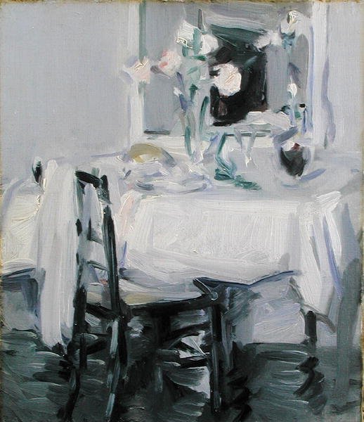 Ein Interieur mit Rosen in einer Vase auf einem Tisch von Samuel John Peploe
